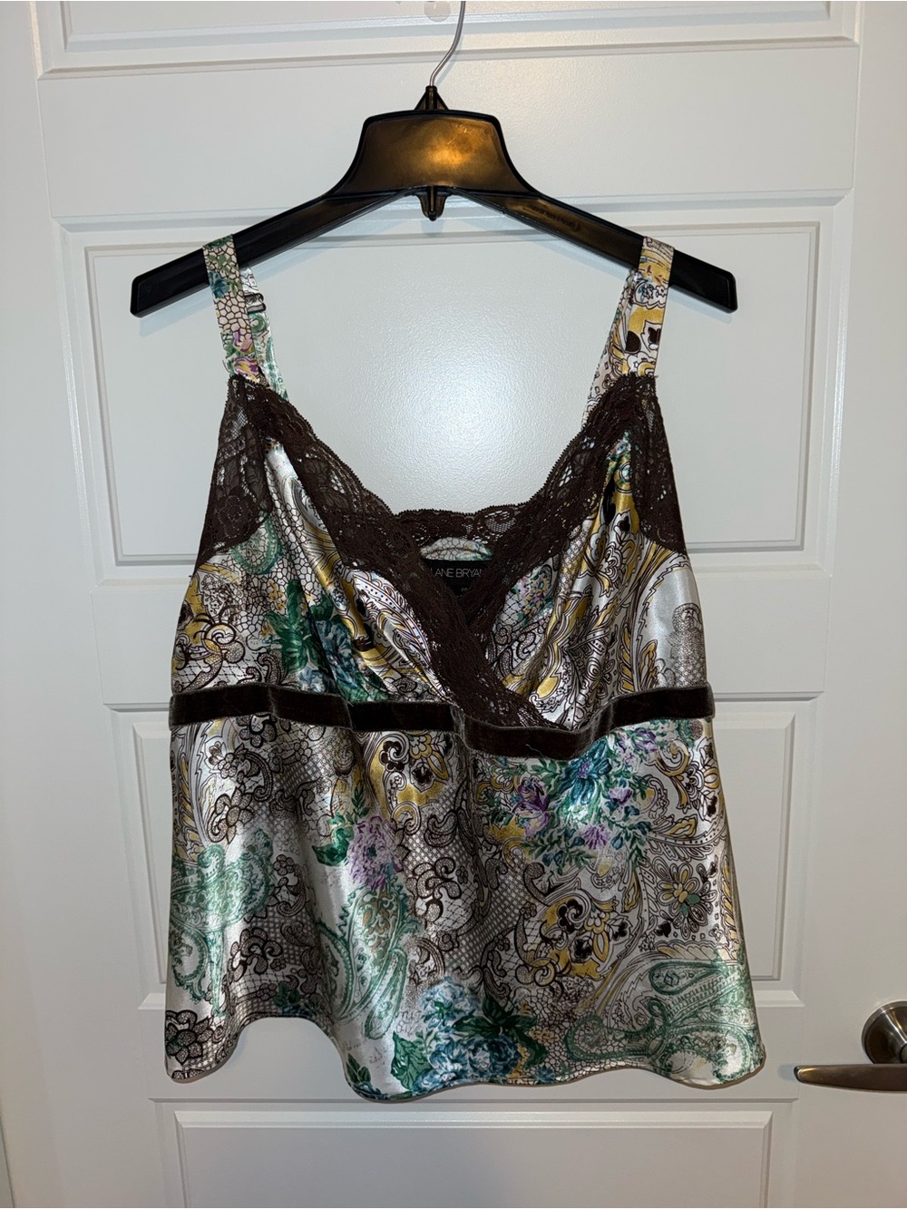 Lane Bryant Silver Satin Paisley Cami with Brown Lace Trim